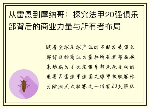 从雷恩到摩纳哥：探究法甲20强俱乐部背后的商业力量与所有者布局