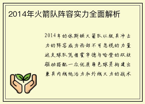 2014年火箭队阵容实力全面解析